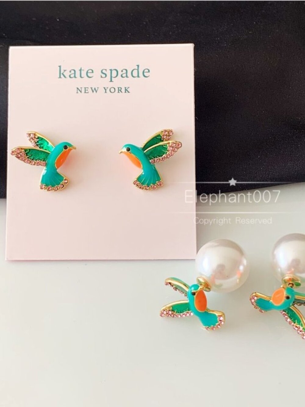 Kate Spade Hummingbird Stud Earrings Green Enamel Crystal Bird Statement Jewelry